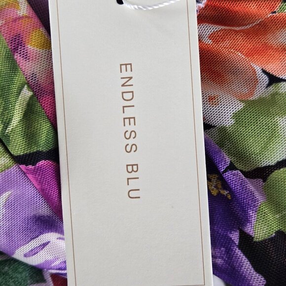 Endless Blu Luxe Size Small Ruched Floral Midi Dress Off the Shoulder Sleeve NWT - Picture 12 of 16